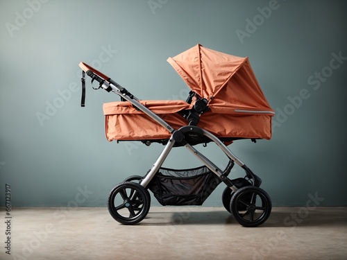 Baby stroller on blue background photo