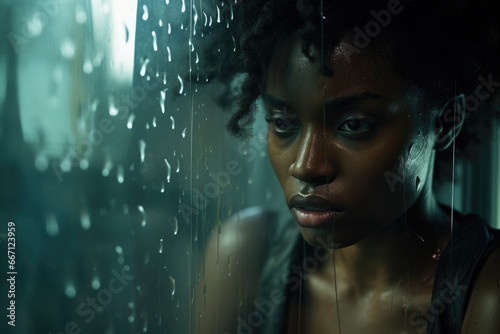 A sad African american woman looking through a rainy glass window.  photo