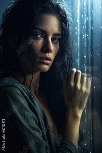 pretty, woman, brunette, rain, glass window, raining, rain drops, window, sad, depressed, melancholy, pouring, dew drops, close up, one, solitude, alone, farewell, pensive, reflecting, deep in thought