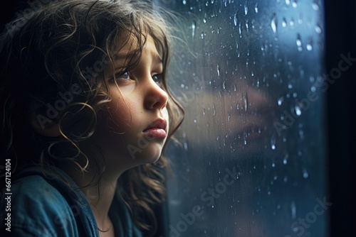 A sad girl looking out of a window. raining, reflections of the child on the glass window. rain drops. 