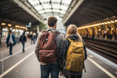 Mid adult couple of backpackers on railroad station. They are carrying backpacks and using map. Waiting for train on the station