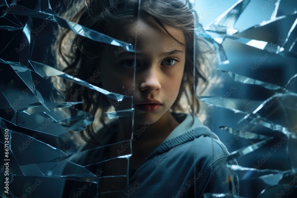 Pretty young child girl. Shoulder length hair. Blue jacket and hoodie. Shards of glass. Broken shattered glass. Tears Behind Broken Glass: A Child's Sorrow - obrazy, fototapety, plakaty 