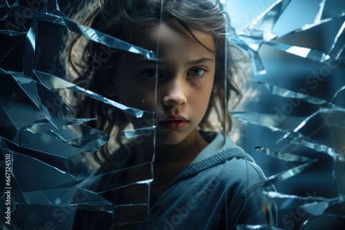 Pretty young child girl. Shoulder length hair. Blue jacket and hoodie. Shards of glass. Broken shattered glass. Tears Behind Broken Glass: A Child's Sorrow photo