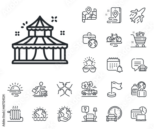 Amusement park sign. Plane jet, travel map and baggage claim outline icons. Circus line icon. Circus line sign. Car rental, taxi transport icon. Place location. Airport lounge. Vector