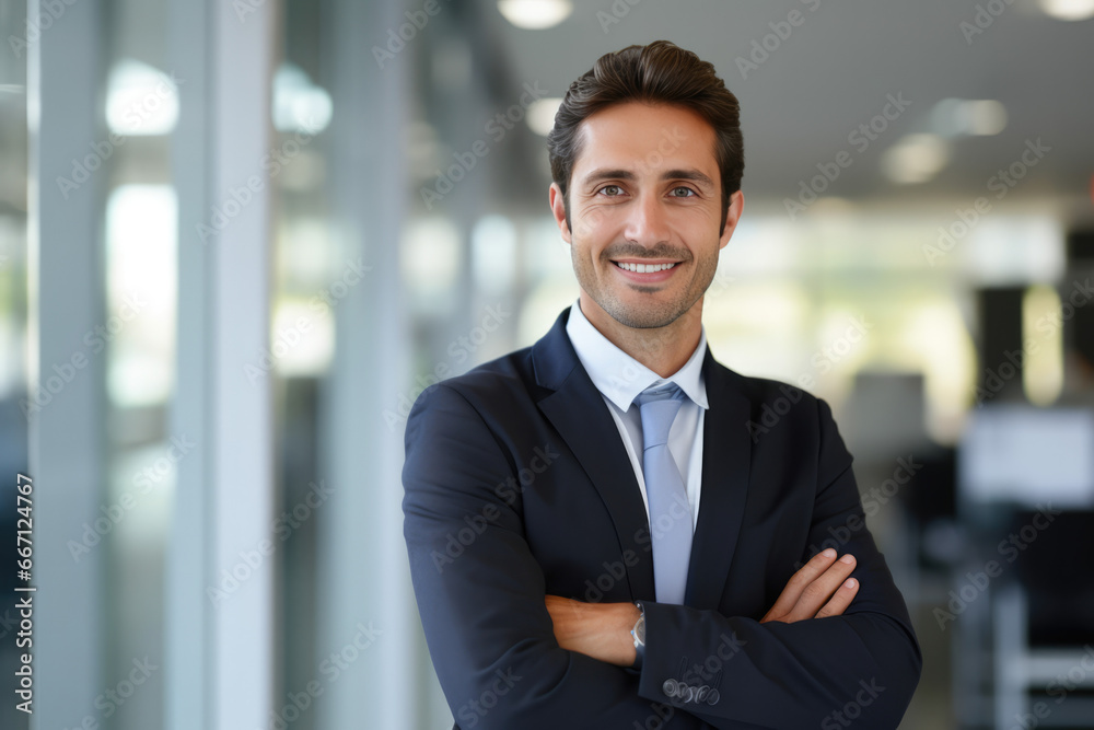 Portrait of happy businessman with arms crossed standing in office Portrait of happy businessman with arms crossed standing in office