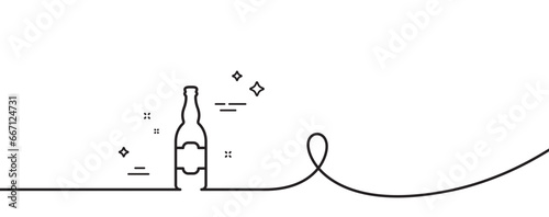 Beer bottle line icon. Continuous one line with curl. Pub Craft beer sign. Brewery beverage symbol. Beer bottle single outline ribbon. Loop curve pattern. Vector