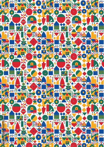 pattern con molteplici figure geometriche precise e dettagliate, con quadrati, triangoli, cerchi, e altre forme casuali, ispirata al bauhaus e al cubismo