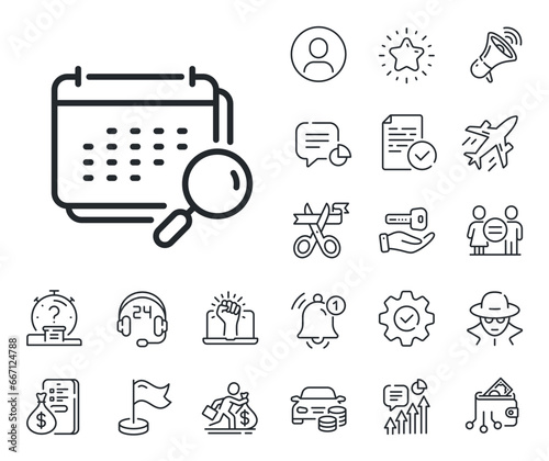 Annual planner sign. Salaryman, gender equality and alert bell outline icons. Calendar line icon. Search Event schedule symbol. Calendar line sign. Spy or profile placeholder icon. Vector