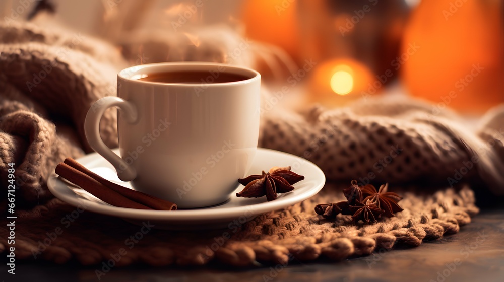 Pumpkin spice cup of tea stock photo, cozy teatime autumn drink Pumpkin spice cup of tea stock photo, cozy teatime autumn drink