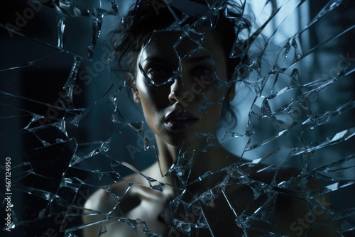 Fright expression. pulled back hair. sad woman looking through a broken shattered glass. depression, grief, abuse, heartache, brokenhearted, inner healing.