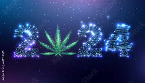 Happy new year 2024 greeting card with cannabis leaf. Low poly style design. Numbers from a polygonal wireframe mesh. Abstract vector illustration.