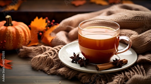 Pumpkin spice cup of tea stock photo, cozy teatime autumn drink