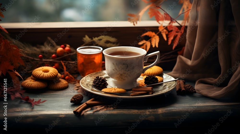 Pumpkin spice cup of tea stock photo, cozy teatime autumn drink Pumpkin spice cup of tea stock photo, cozy teatime autumn drink