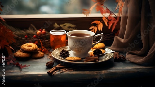 Pumpkin spice cup of tea stock photo, cozy teatime autumn drink