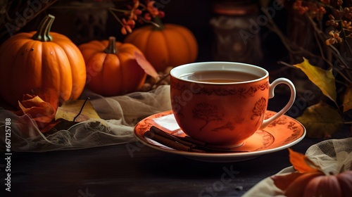 Pumpkin spice cup of tea stock photo, cozy teatime autumn drink