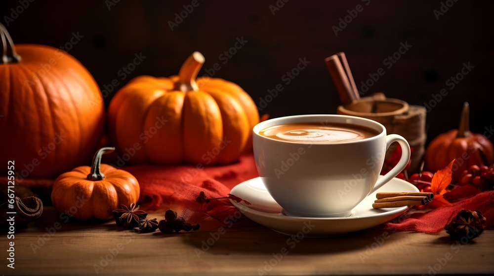 Pumpkin spice cup of tea stock photo, cozy teatime autumn drink Pumpkin spice cup of tea stock photo, cozy teatime autumn drink