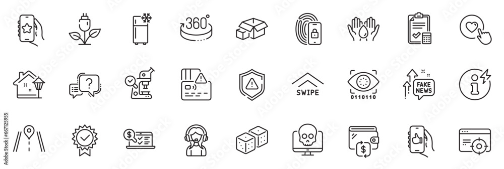 Icons pack as Shield, Safe water and Swipe up line icons for app include Question mark, Accounting checklist, Dice outline thin icon web set. Card, Seo targeting, Power info pictogram. Vector
