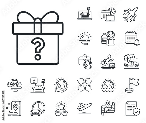 Present or Sale sign. Plane jet, travel map and baggage claim outline icons. Gift box with Question mark line icon. Birthday Shopping symbol. Package in Gift Wrap. Secret gift line sign. Vector