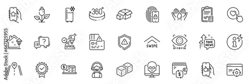 Icons pack as Shield, Safe water and Swipe up line icons for app include Question mark, Accounting checklist, Dice outline thin icon web set. Card, Seo targeting, Power info pictogram. Vector