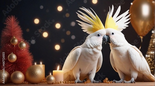 Cute cockatoos playing against New Year's eve ambience background with space for text, background image, AI generated