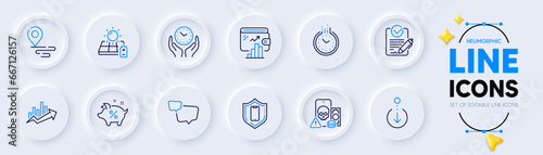 Time, Smartphone protection and Scroll down line icons for web app. Pack of Place, Loan percent, Rfp pictogram icons. Growth chart, Safe time, Wallet signs. Solar panel, Phishing. Vector