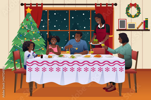 African American Family Having Christmas Dinner Vector Illustration
