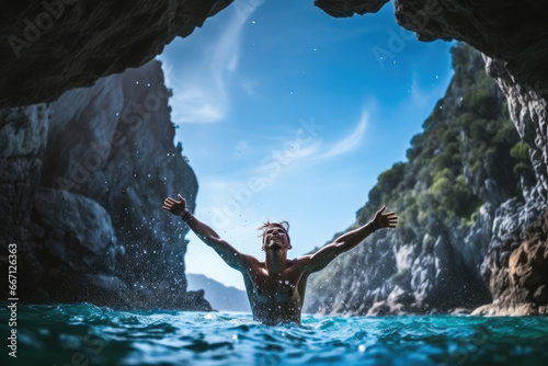 young man jumping in sea on vacation inside cave crystal blue water
