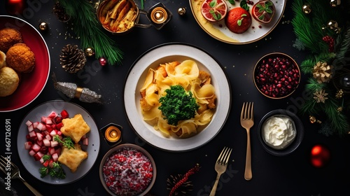 delicious Christmas feast table with festive decor and sparkling Christmas tree in background