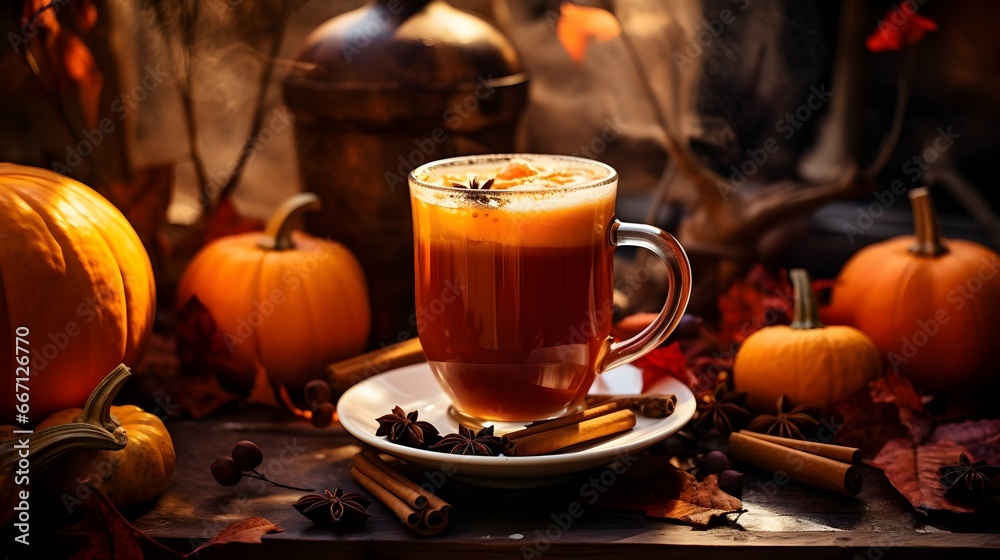 Pumpkin spice cup of tea stock photo, cozy teatime autumn drink Pumpkin spice cup of tea stock photo, cozy teatime autumn drink