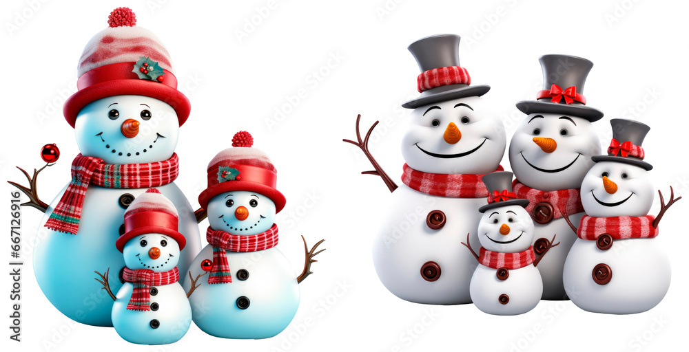 Set of 3D snowmans family, christmas illustration, isolated on transparent background