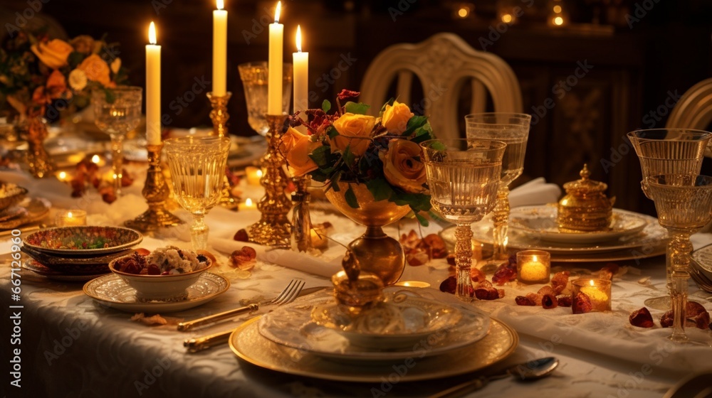 A festive dinner table with a golden tablecloth, elegant dishes, and candles.