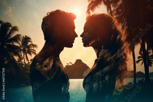 double exposure, couple man and woman opposite each other against the backdrop of a tropical island photo