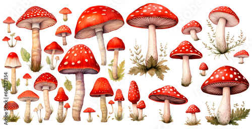 Set of Mushroom fly agarics and leaves watercolor, isolated on transparent background