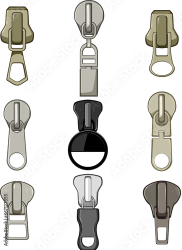 zipper puller set cartoon. accessories bag, fashion fasteners, line textile zipper puller sign. isolated symbol vector illustration