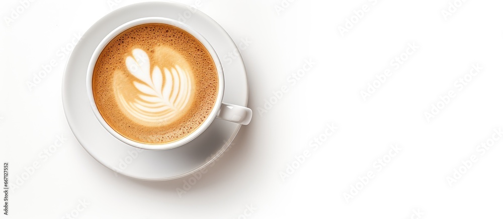 A cappuccino coffee cup on a white background seen from above and bathed in soft light - obrazy, fototapety, plakaty 