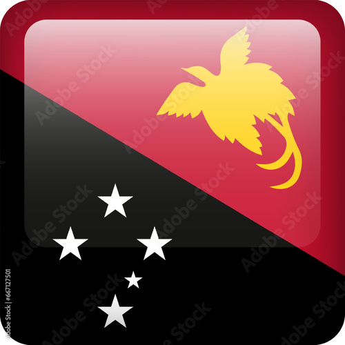 3d vector Papua New Guinea flag glossy button. Papua New Guinea national emblem. Square icon of New Guinea