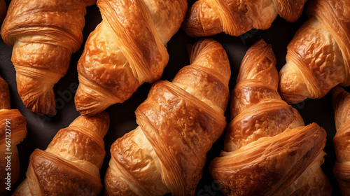 Close up shot od freshly baked croissants with a golden, buttery crust food photography photo