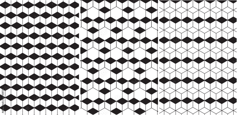 Conjunto de 3 patrones o motivos geométricos abstractos.