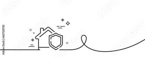 Home insurance line icon. Continuous one line with curl. House protect sign. Property defense symbol. Home insurance single outline ribbon. Loop curve pattern. Vector