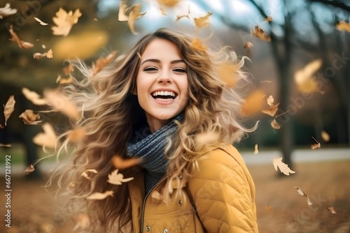 Young woman playing running around outdoors in autumn in city park