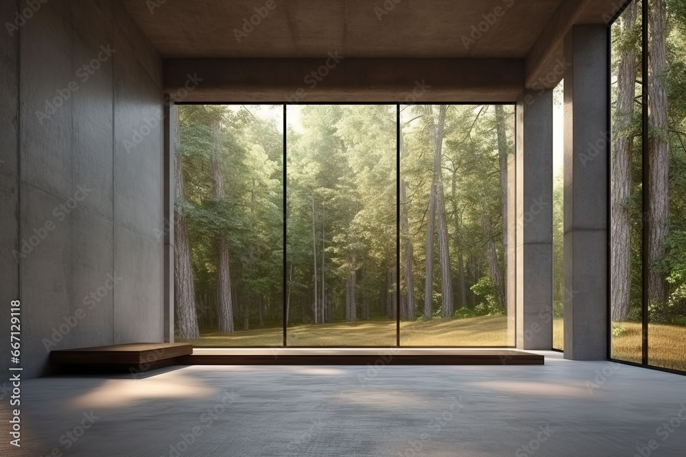 Obraz premium Empty room with panoramic window and mountain view