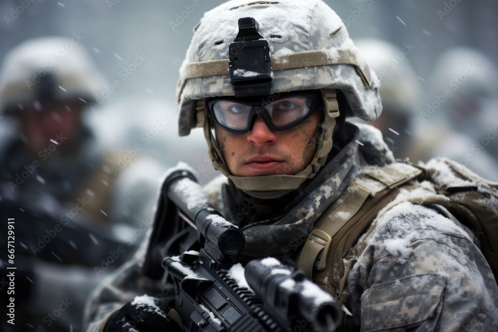 Close up portrait of military man on the battlefield. Illustration of a a military man aiming and firing in combat Close up portrait of military man on the battlefield. Illustration of a a military man aiming and firing in combat