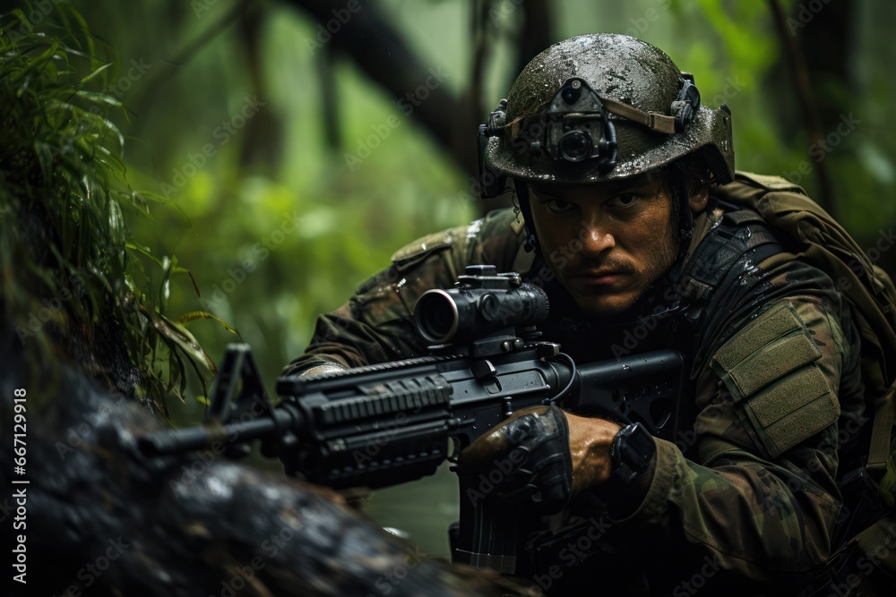 Close up portrait of military man on the battlefield. Illustration of a a military man aiming and firing in combat Close up portrait of military man on the battlefield. Illustration of a a military man aiming and firing in combat