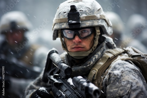 Close up portrait of military man on the battlefield. Illustration of a a military man aiming and firing in combat © aboutmomentsimages