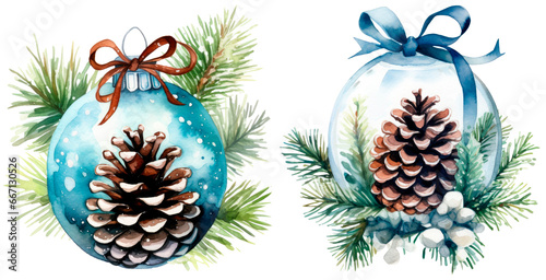 Set of  Watercolor  Christmas glass with pinecone  isolated on transparent background