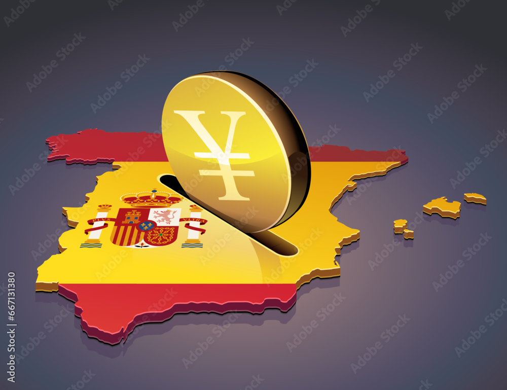 Φωτογραφία 3D map of Spain in the colors of the spanish flag in which a gold coin with the