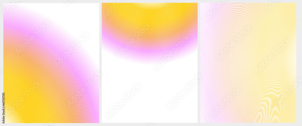 Set of 3 Abstract Vector Gradient Layouts. Wavy Grid on a Pink-Yellow-White Backgrounds. Simple Geometric Print Ideal for Cover, Layouts, Banner. Modern Futuristic Design with Copy Space. No text.RGB.