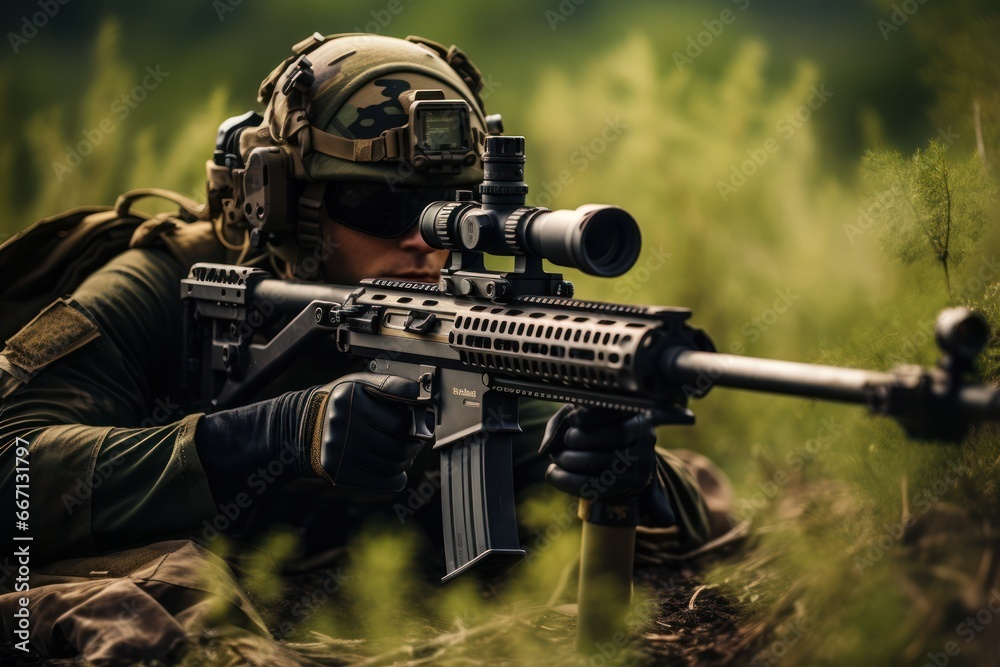 Close up portrait of military man on the battlefield. Portrait of a special ops military man aiming and firing in combat