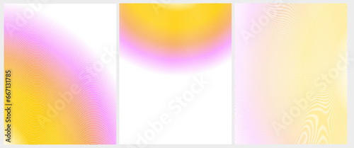 Set of 3 Abstract Vector Gradient Layouts. Wavy Grid on a Pink-Yellow-White Backgrounds. Simple Geometric Print Ideal for Cover, Layouts, Banner. Modern Futuristic Design with Copy Space. No text.RGB.