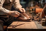 a male shoemaker is working with leather textiles